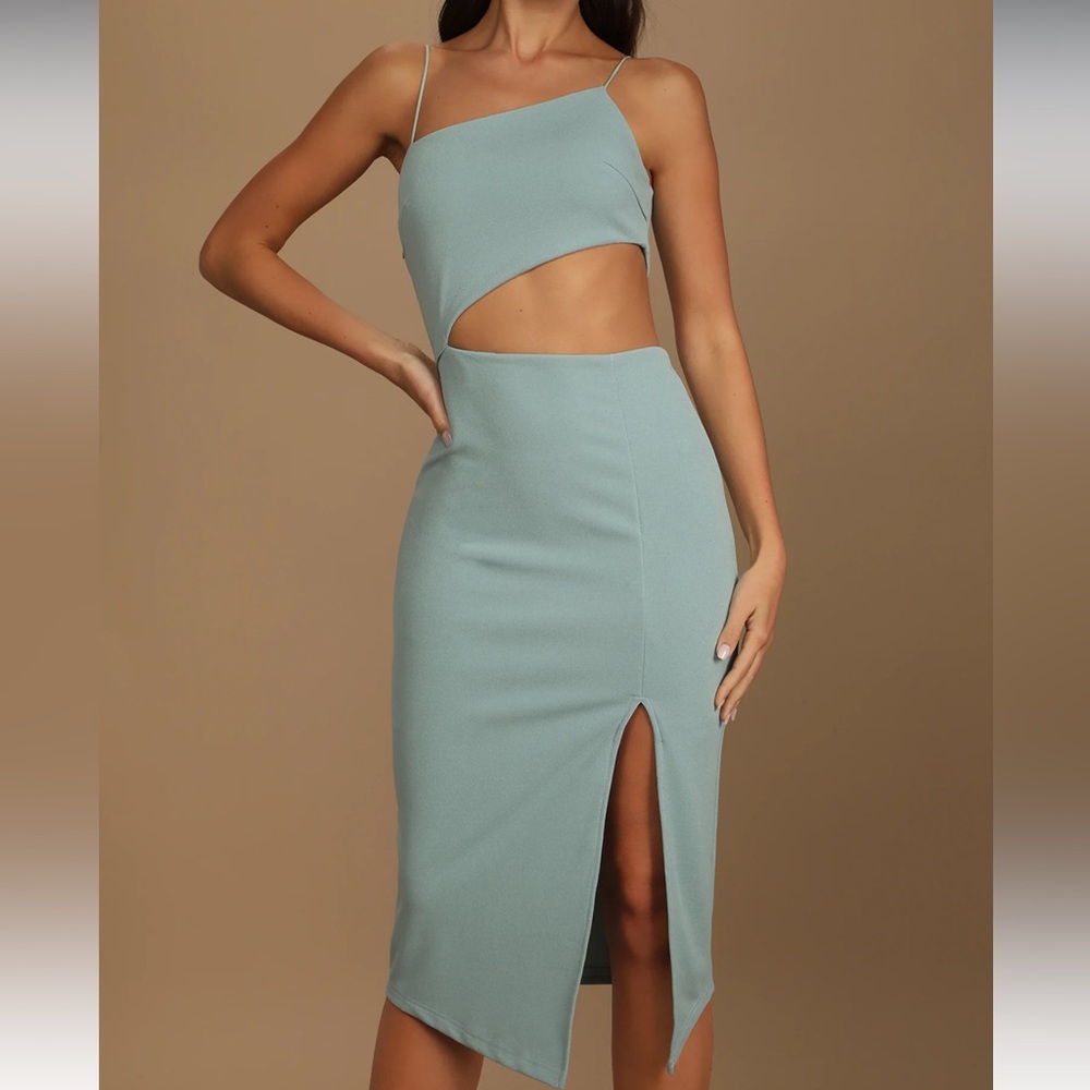 Sage Blue Asymmetrical Cutout Midi Dress